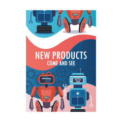 Robots show invitation flyer. Cyborgs, intelligent machines vector illustration with come end see text. Robotics concept for posters or brochures design