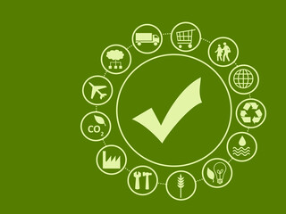 circle of icons for a supply chain (raw materials, logistics, sales, purchasing, retail, consumer) and eco-friendly signs on a green background