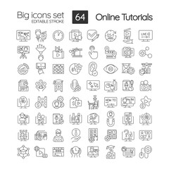 Online tutorials linear icons set. Educational content. Elearning. Customizable thin line symbols. Isolated vector outline illustrations. Editable stroke. Quicksand-Light font used