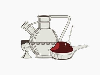 still life with a bottle of wine and sauce of meat