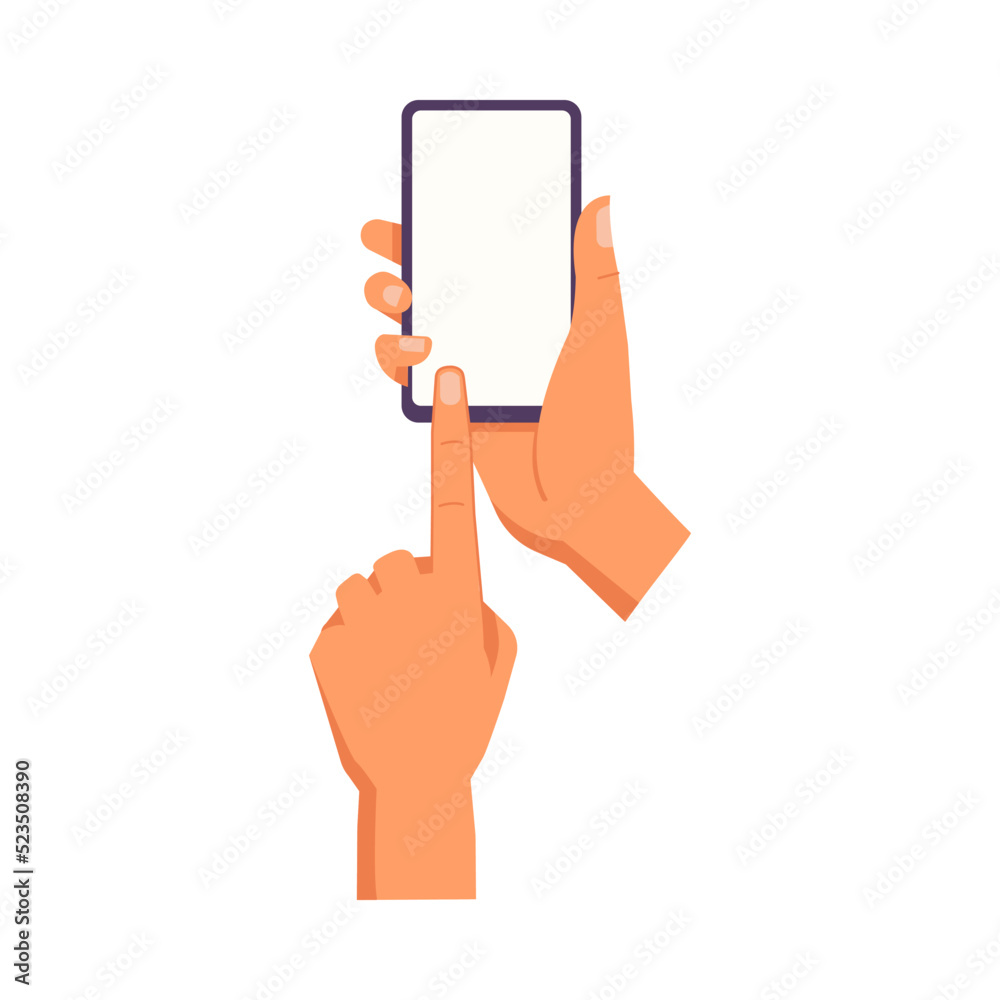 Poster Hand holding smartphone. Vector icon of people hold smartphone or using touch gestures for mobile phone while reading. Press and point, pich and unpinch, rotate and swipe symbol. Digital device