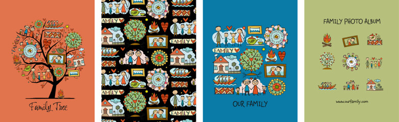 Family concept art collection. Frame, background, tree, icons. Set for your design project - cards, banners, poster, web, print, social media, promotional materials. Vector illustration