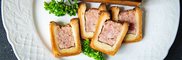 pate croute meat dough pork or beef, chicken french food meal snack on the table copy space food...