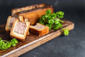 pate croute meat dough pork or beef, chicken french food meal snack on the table copy space food...