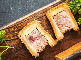 pate croute meat dough pork or beef, chicken french food meal snack on the table copy space food...