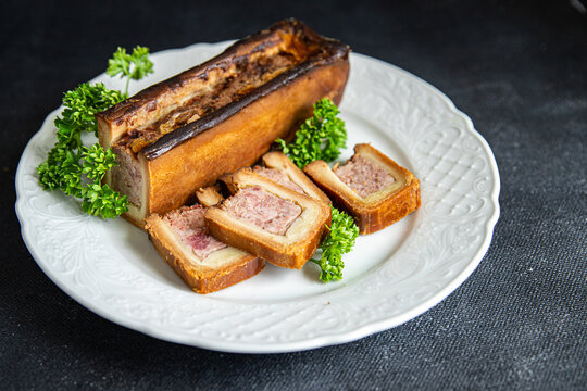 pate croute meat dough pork or beef, chicken french food meal snack on the table copy space food background  