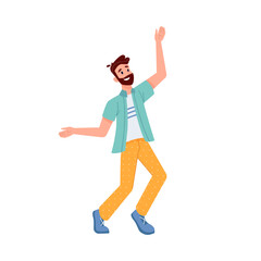 Happy person jumping, smiling in joy and fun with hands up, vector flat illustration. Young boy or man guys jump up, freedom enjoy, friendship celebration, success and joy happiness