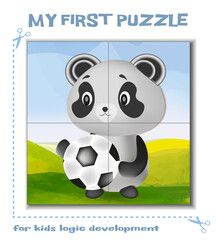 My first puzzle, education game for children. Kids logic development. Cute panda with soccer ball. Bright 3d animal vector illustration. Jigsaw puzzle. © Violetta