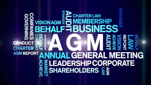 AGM - Annual General Meeting acronym animated tag word cloud;text design animation kinetic typography seamless loop.