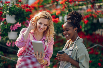 Multiracial female florists working in a green house plant nursery and using tablet