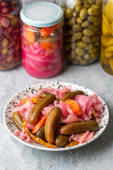 Assorted pickled vegetables in bowl/plate, Turkish name; tursu.