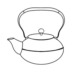 Outline of teapot for matcha. Japanese tableware for green tea preparation. Line illustration for menu, icon, recipe, label, packaging design.