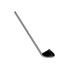 Outline of spoon with matcha powder. Japanese tool for green tea preparation. Line illustration of bamboo spoon for menu, icon, recipe, label, packaging design.