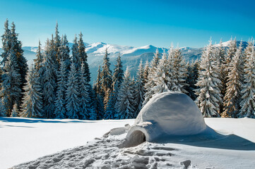 Real snow igloo in winter mountains