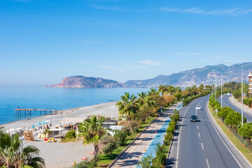 Fototapeta na wymiar Mersin-Antalya section of D400 highway, east–west state road in southern Turkey with Alanya Peninsula on background
