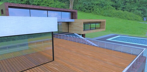 Wooden spacious terrace. Glass and steel railing. Mirrored panoramic windows. Staircase down to the pool. 3d render.