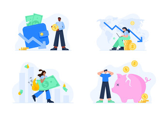 Financial concepts. Losing money from business failure, investment mistakes, debt problems, bankruptcy, inflation. People lose savings. Vector flat illustration isolated on the white background.