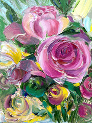 A modern picture. Oil painting on canvas. Textured flowers. Floral pattern. Pink roses, peonies. 