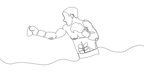 Boxer in boxing gloves one line art. Continuous line drawing hit, protective mask, boxing gloves, fight, athletes, battle, man, sport, boxing ring.