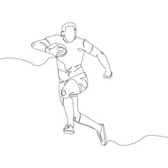 Rugby player with ball player with ball one line art. Continuous line drawing American football, game, sport, soccer ball, activity, training, running, competition, cleats.