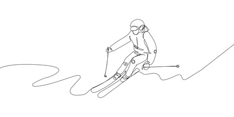Man skiing down the mountain one line art. Continuous line drawing sport, winter sports, do tricks, skis, ski poles,, competition, extreme, uniform, man, woman, leisure, hobby. - obrazy, fototapety, plakaty