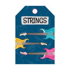 Special tag design with musical instruments. Guitars, accordion, violin, tubes, maracas on blue background. Concert and entertainment. Template for greeting label