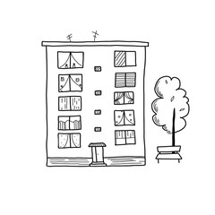 Multistory house with antenna on the roof, driveway and a bench with a tree. Vector illustration in the style of simple doodles.