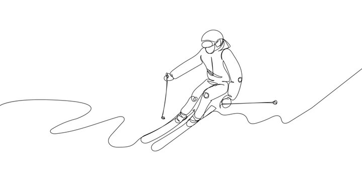 Man Skiing Down The Mountain One Line Art. Continuous Line Drawing Sport, Winter Sports, Do Tricks, Skis, Ski Poles,, Competition, Extreme, Uniform, Man, Woman, Leisure, Hobby.