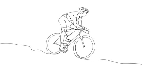Man in a protective helmet rides a bicycle one line art. Continuous line drawing sports, training, sport, leisure, race, bike, cycle racing, tricks, street culture, urban, extreme, woman, man.