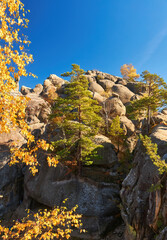 Dovbush rocks, group of rocks, natural and man-made caves carved into stone in the forest.