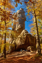 Dovbush rocks, group of rocks, natural and man-made caves carved into stone in the forest.
