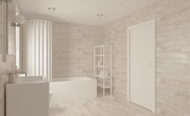 Freestanding bath with towels in grey modern bathroom. 3D rendering.