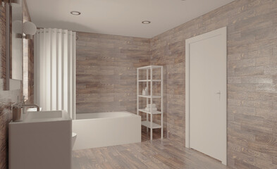 Modern bathroom including bath and sink. 3D rendering.