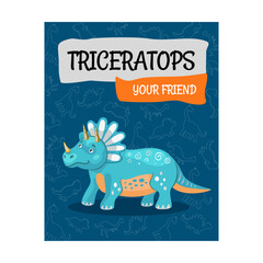 Design page with funny dinos. Creative postcard for children with text and colorful dinosaurs. Creatures and fossil reptiles concept. Template for promotional postcard or brochure