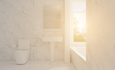Modern bathroom including bath and sink. 3D rendering.. Sunset.