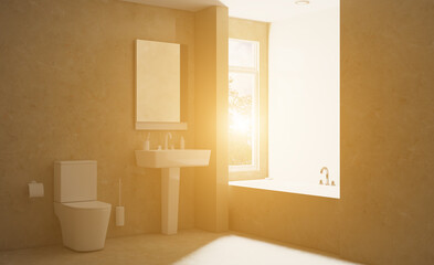 Scandinavian bathroom, classic  vintage interior design. 3D rendering.. Sunset.