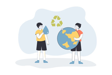 Kids holding water drop and globe under recycle sign. Boys protecting nature and environment flat vector illustration. Environmental protection concept for banner, website design or landing web page