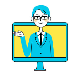 パソコンから飛び出している眼鏡のビジネスマン　イラスト素材