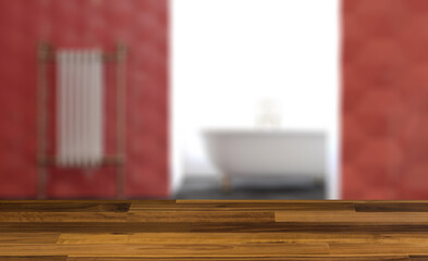 Scandinavian bathroom, classic  vintage interior design. 3D rend. Background with empty wooden table. Flooring.