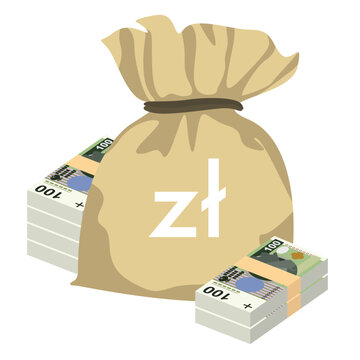 Polish Zloty Vector Illustration. Poland money set bundle banknotes. Money bag 100 PLN. Flat style. Isolated on white background. Simple minimal design.