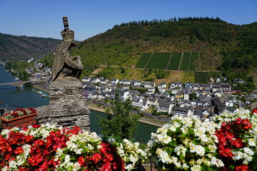View from the Reichsburg Castle on Cochem, the Moselle and the vineyards 