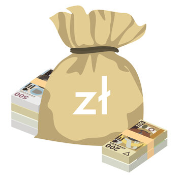 Polish Zloty Vector Illustration. Poland money set bundle banknotes. Money bag 50, 100, 200, 500 PLN. Flat style. Isolated on white background. Simple minimal design.