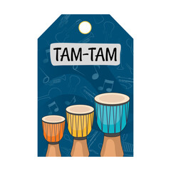 Special tag design with musical instruments. Drums on blue background. Concert and entertainment. Template for greeting labels or invitation card