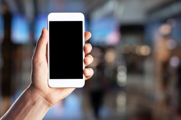 Concept of online shopping service on smartphone. Online shopping. Paying after delivery. Blank screen