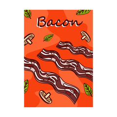 Obraz premium Bright brochure designs with tasty food. Colored bacon. Delicious meal and nutrition concept. Template for promotional leaflet or flyer