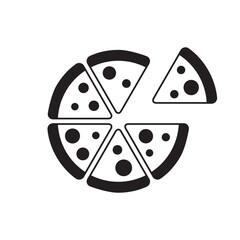 Pizza slice icon, one slice separated, pizza symbol, black isolated on white background, vector illustration.