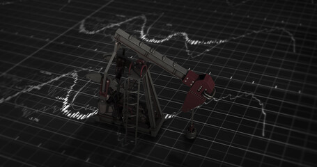 Image of oil pump working over financial data processing and grid on black background