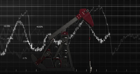Image of oil pump working over financial data processing and grid on black background