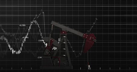 Image of oil pump working over financial data processing and grid on black background