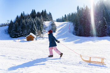 Sledding on winter holidays. Child taking sled uphill at ski resort. Kid having fun with wooden...